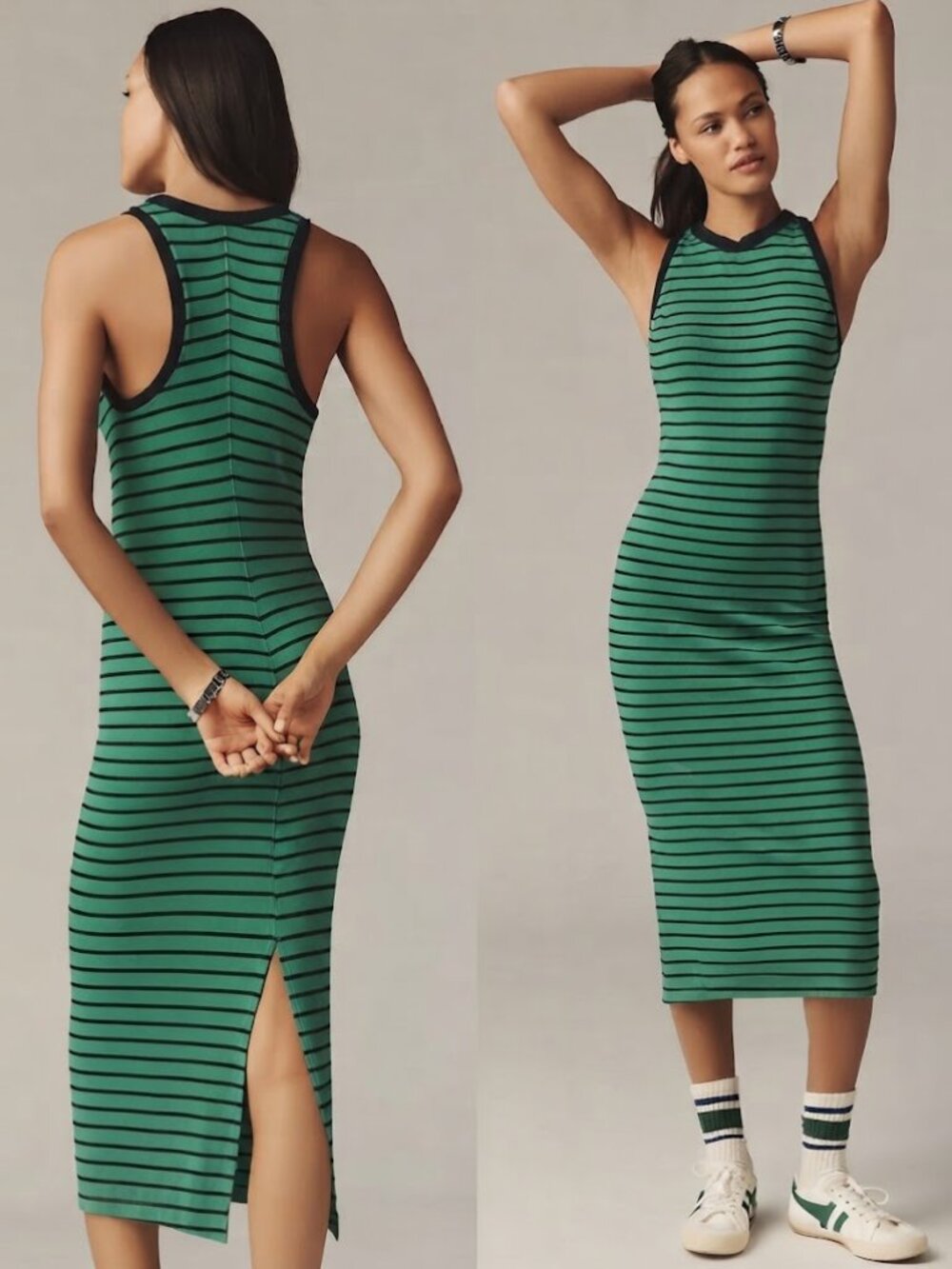 Stateside x Anthropologie Green & Navy Striped Sleeveless MIDI Dress Sz L Preppy